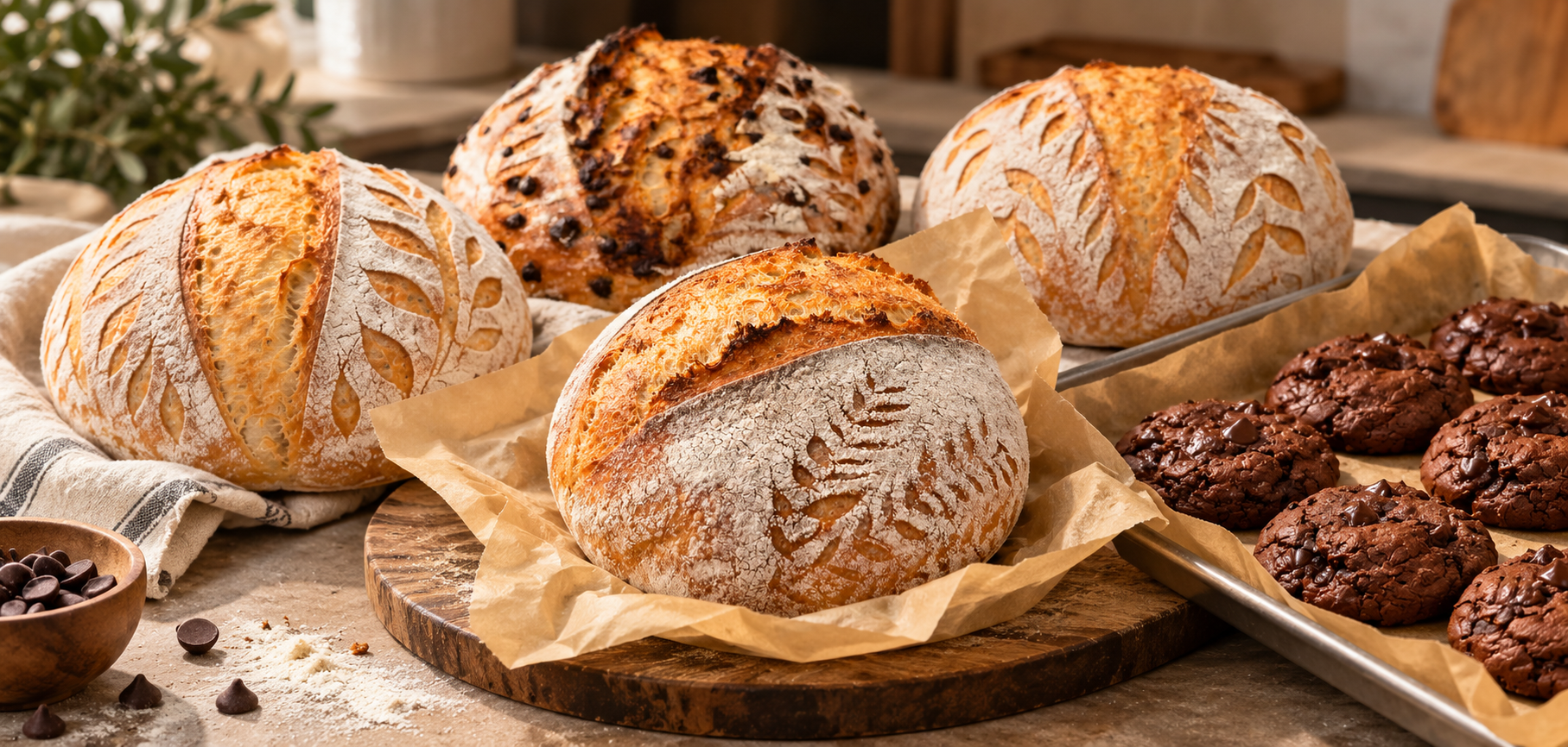 Fresh baked organic sourdough loaves and chocolate chip cookies